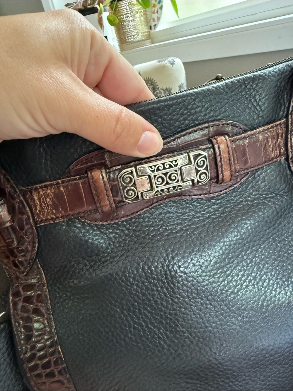 Vintage Brighton Black & Brown Pebble Leather Medium Shoulder Bag Tote Purse - Picture 2 of 12